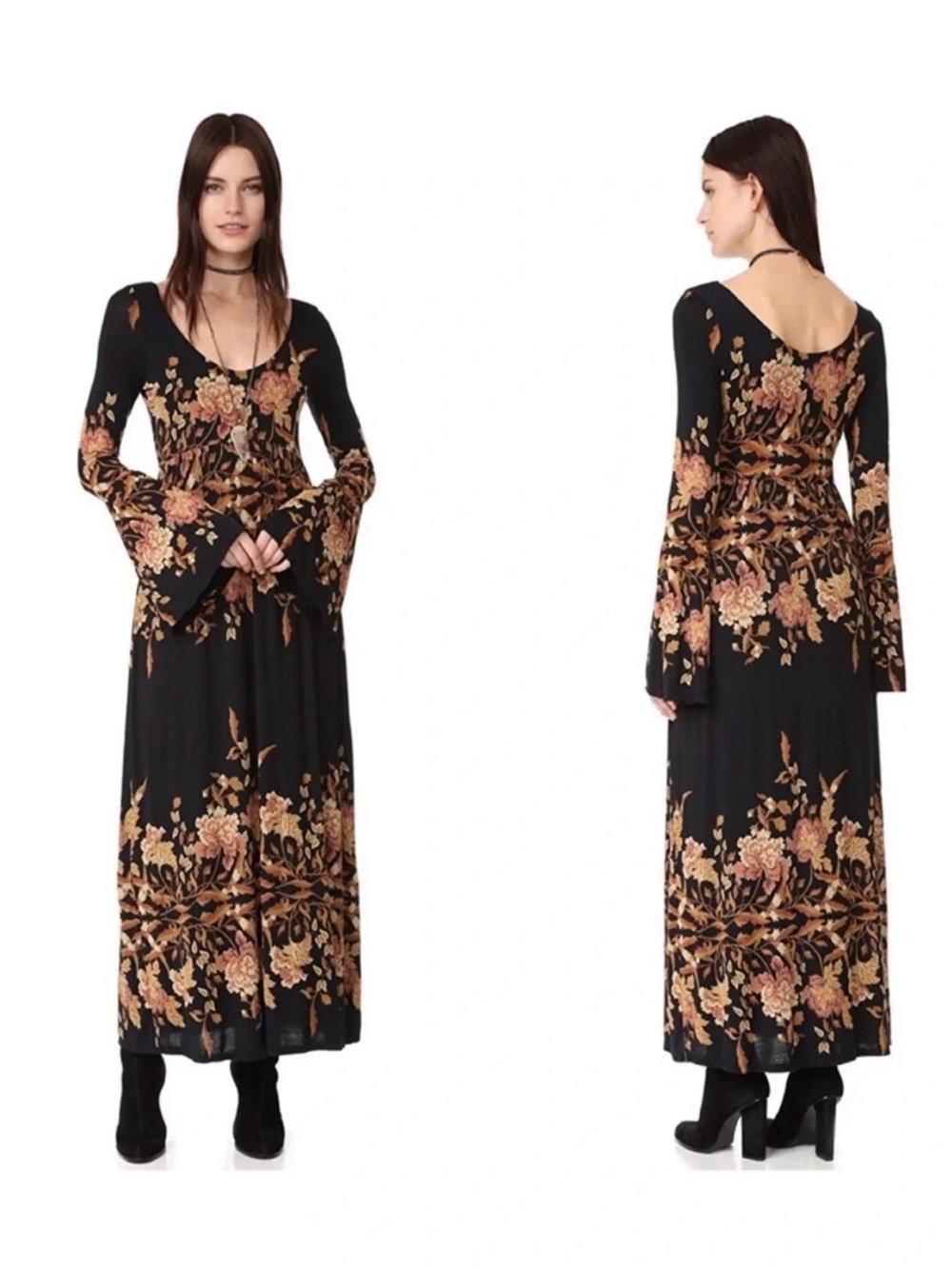 Midnight garden Free People Black Floral Maxi Dress with Bell Sleeves
